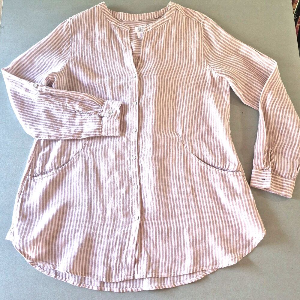 Sigrid Olsen Shirt Womens Large White Tan Stripe Linen Blouse Dress